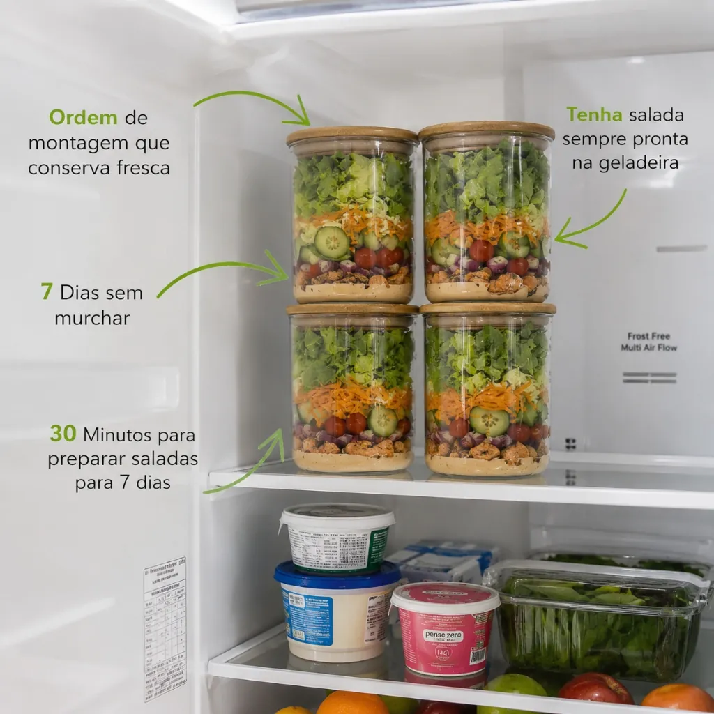 Geladeira organizada com saladas no pote